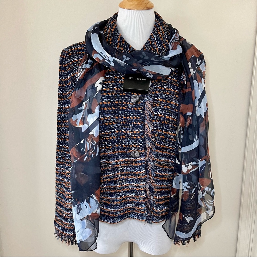 St. John Navy and Copper Tweed Blazer with Floral Scarf - Picture 9 of 15